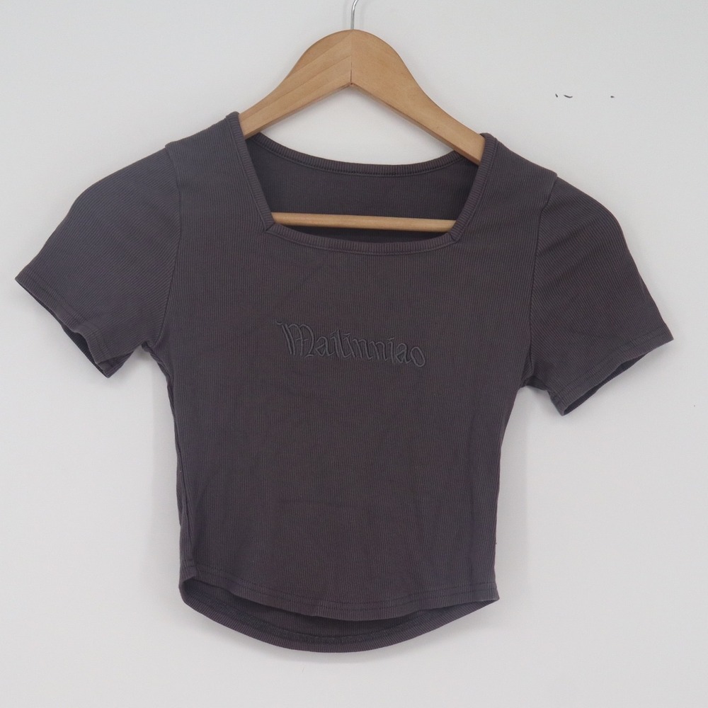 Mailinniao T-Shirt Womens XS Cropped Square Neck Charcoal Gray Ribbed Excellent